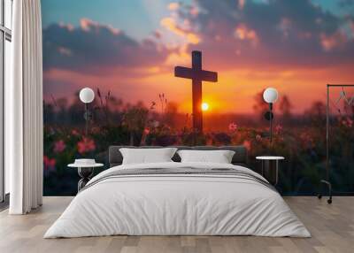 Vibrant and Hopeful Sunrise with a Serene Cross Silhouette in a Pastoral Landscape Wall mural