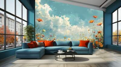 Vibrant Meadow of Swaying Wildflowers in Nature s Spontaneous Tapestry Peaceful Floral Landscape with Clouded Sky Backdrop Wall mural