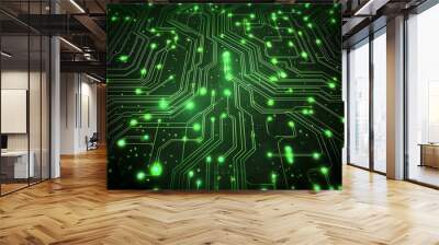 Vibrant Neon Circuit Paths in Futuristic Green Glow on Dark Background Wall mural