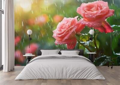 Vibrant Rain Soaked Roses Blooming in a Lush Garden with Fresh Atmosphere Wall mural