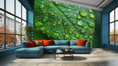 Vibrant Raindrops on Lush Green Leaf Delicate Nature s Patterns Wall mural