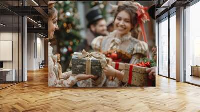 victorian inspired christmas party with guests exchanging gifts in festive attire Wall mural