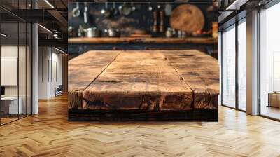 Vintage Wooden Butcher Block Table with Worn Surface in Rustic Kitchen Setting Wall mural