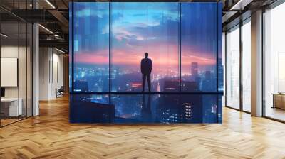 Visionary Business Leader Overlooking Expansive Cityscape Contemplating Transformative Strategies for Growth and Success Wall mural