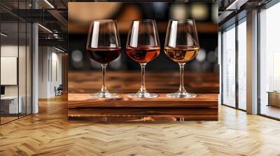 Wine Flight with Three Labeled Glasses on Tasting Board in Rustic Setting Wall mural