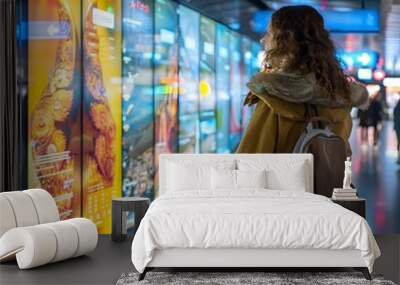 Woman Viewing Interactive Digital Advertisements in Bustling City Shopping District Wall mural