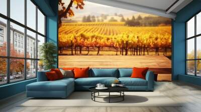 Wooden Table for Product Display in Grape Farm, Autumn Illustration with Blurred Background. Generative AI Wall mural