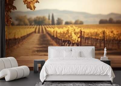 Wooden Table for Product Display in Grape Farm, Autumn with Blurred Background Generative AI illustrations Wall mural