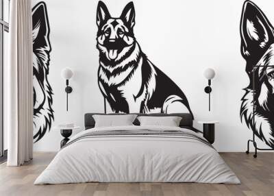 German Shepherd Dog Puppy Portrait. German shepherd sitting Vector isolated illustration in black color on white background.  Aggressive German shepherd dog breed pet. Wall mural