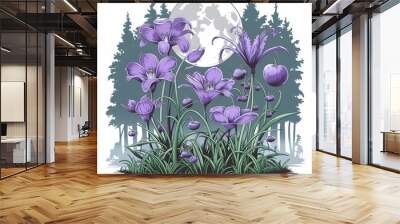 A garden of exotic flowers under a full moon, fantasy illustration, contour, isolated in white background Wall mural