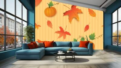 Autumn seamless patter with maple leaf and pumpkins Wall mural