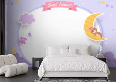 Baby shower card with teddy bear and moon on purple background Wall mural