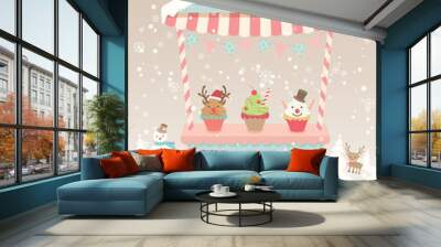 Cute cart for merry christmas and happy new year on snow background.Illustration vector pastel colors. Wall mural