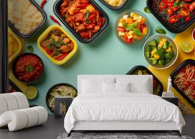 An assortment of enticing dishes laid out on a vibrant backdrop Wall mural