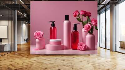 product photograph of pink and red beauty cosmetic products :cosmetic bottles/ cream, shampoo containers without labels. Creative mockup set up with rose flowers , copy space for text  Wall mural