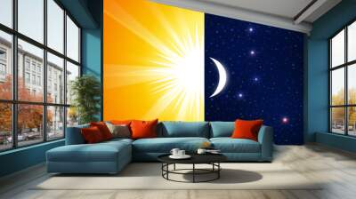 An abstract illustration of day and night with sun, stars and moon Wall mural