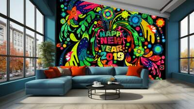 Colorful creative Happy New year 2019 wishes with intricate floral design elements on a black background Wall mural