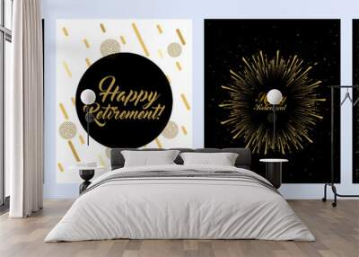 Vector illustration of Happy Retirement posters on a grey background with sparkles and confetti in flat design style Wall mural