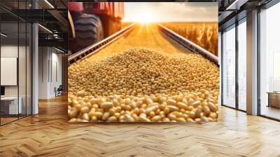 Harvest pouring freshly harvested corn maize seeds or soybeans into conteiner trailer near, closeup detail, afternoon sunshine concept. Generativa AI Wall mural