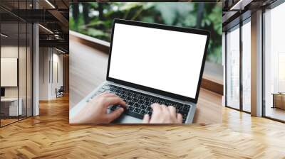 A blank screen for hand typing text,using laptop contact business searching information in workplace on desk at office. Wall mural