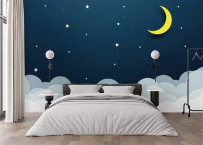 moon and stars in midnight .paper art style,  Dreamy background with moon stars and clouds, Half moon, stars and clouds on the dark night Wall mural