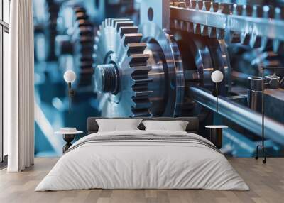 3D-rendering of a Close-Up of Industrial Gears in a Machine. Wall mural