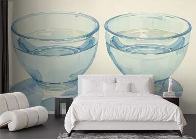 A minimalist painting featuring two glass bowls with subtle blue hues, carefully casting soft shadows on a pristine background, highlighting clarity and simplicity. Wall mural