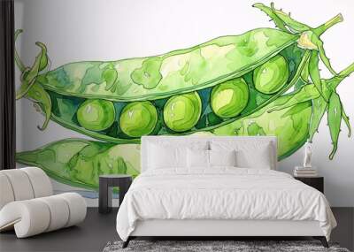 A vibrant watercolor illustration depicts a green pea pod with five peas inside, resting on another closed pod, highlighting the freshness and simplicity of nature's produce. Wall mural