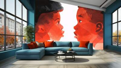 This image shows two profile illustrations of a person against an abstract red and black background, featuring an artistic style that combines modernity with emotional depth and contrast. Wall mural