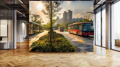 A cityscape with electric buses and bike lanes, promoting sustainable transportation to reduce urban carbon emissions Wall mural