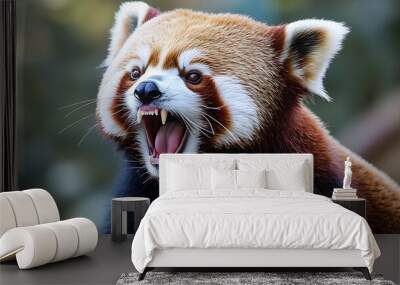 Adorable Red Panda Yawning with Mouth Wide Open Showing Teeth and Squinted Eyes Wall mural