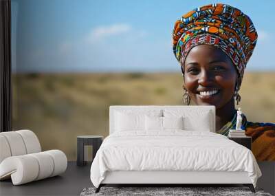 Authentic Motswana Woman Smiling in Traditional Attire amid Serene Desert Plains - Cultural Beauty and Joy Wall mural