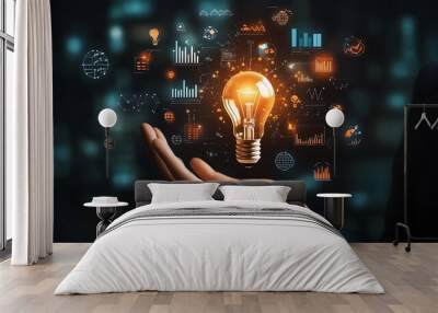 Bright Ideas in Business - Open Hand Holding Lightbulb with Floating Business Icons and Graphs in Dark Background Illustration Wall mural