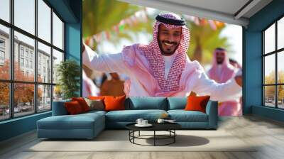 Celebrating Heritage: Saudi Arabian Man in Traditional Attire Dancing at Janadriyah Festival Under Sunny Skies Wall mural