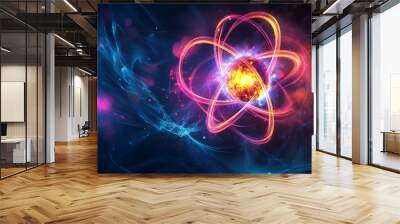 Dynamic Visualization of Nuclear Fission Process with Energy Waves and Vibrant Lighting on Dark Background Wall mural