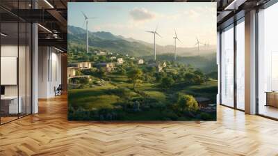 Eco-Friendly Retreat Surrounded by Nature: Sustainable Tourism Resort in Green Valley with Wind Turbines on Horizon Wall mural