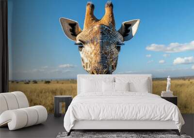 Futuristic Giraffe: AI Interface Overlay on Wildlife in Savannah Landscape Wall mural