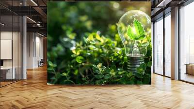 Glowing Sustainable Energy Lightbulb with Green Icon - Eco-Friendly Concept Wall mural