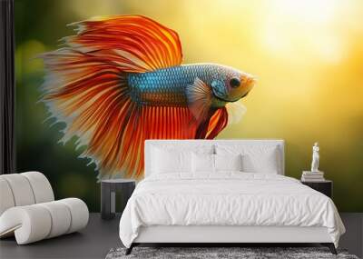 Graceful Betta Fish in Mid-Swim with Vibrant Fins under Soft Light on Gradient Background Wall mural