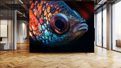 Hypnotic Close-up of Betta Fish Eye with Iridescent Scales on Dark Background Wall mural