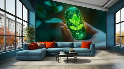 Illuminated Futuristic AI Plant Technology for Vibrant Green Health Supplement Innovation Wall mural