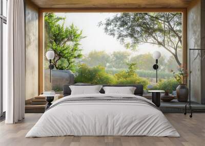 Japanese garden decoration in scenic view through a wooden-framed window in a light-filled room Wall mural