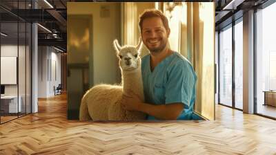 Joyful Male Doctor Embracing Alpaca in Sunlit Examination Room during Early Afternoon Wall mural