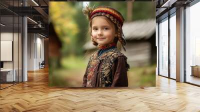 Lithuanian Child in Traditional Outfit Posing in Forest Near Wooden Houses Wall mural