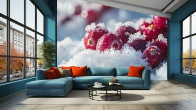 Vibrant Holiday Cheer - Fresh Cranberries in Snowy Wonderland Wall mural