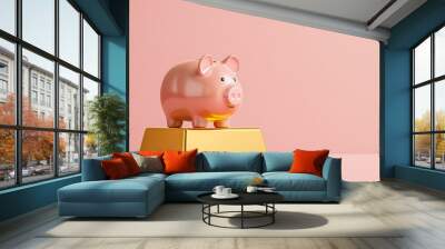 Wealth Accumulation Concept - Piggy Bank with Gold Bar on Pastel Honey Background Wall mural