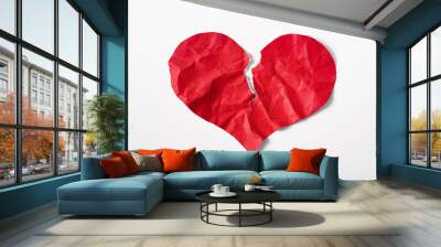 Crumpled and torn red heart shape paper isolated on white background. Broken heart concept. Wall mural