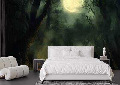 Haunting and Mysterious Halloween Ambiance in Ominous Woodland Clearing with Gnarled Trees Full Wall mural