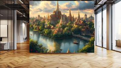 Stunning Anime Inspired Temple by the Bangkok River Skyline Wall mural