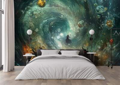 Underwater Halloween Ritual of Witches Casting Spells in Swirling Vortex of Bubbles and Spectral Wall mural